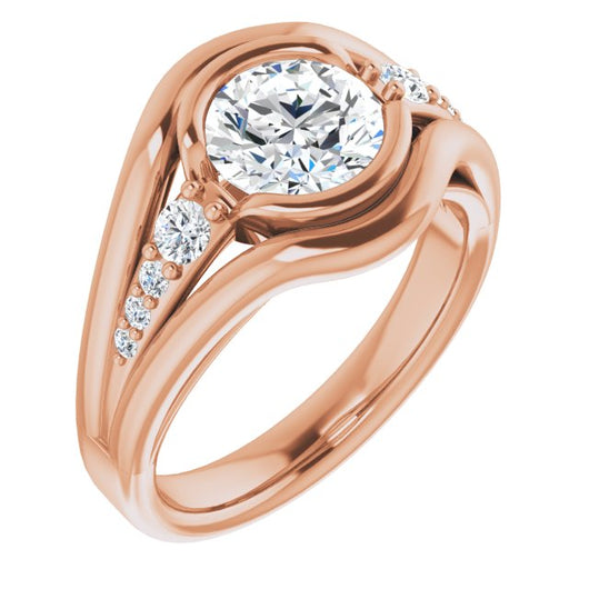 10K Rose Gold Customizable 9-stone Round Cut Design with Bezel Center, Wide Band and Round Prong Side Stones