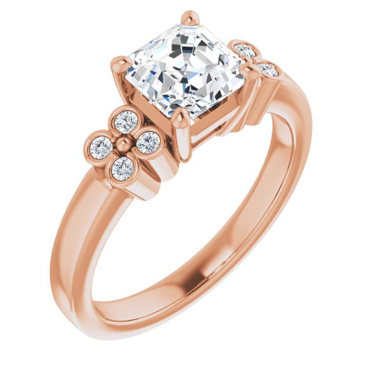 10K Rose Gold Customizable 9-stone Design with Asscher Cut Center and Complementary Quad Bezel-Accent Sets