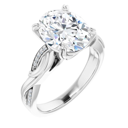 10K White Gold Customizable Cathedral-raised Oval Cut Design featuring Rope-Braided Half-Pavé Band