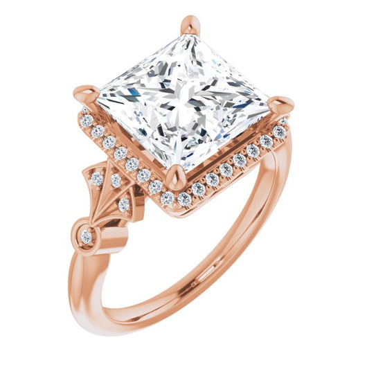 10K Rose Gold Customizable Cathedral-Crown Princess/Square Cut Design with Halo and Scalloped Side Stones