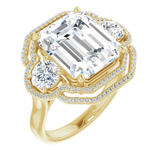 10K Yellow Gold Customizable Cathedral-set Enhanced 3-stone Emerald/Radiant Cut Design with Multidirectional Halo