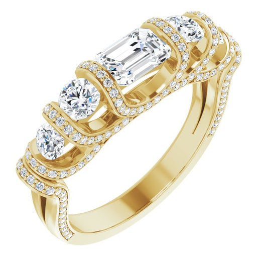 10K Yellow Gold Customizable Bar-set Emerald/Radiant Cut 5-stone Design Plus Grandiose Pavé Accents