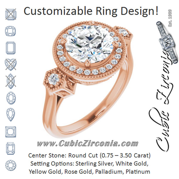 Cubic Zirconia Engagement Ring- The Pacifica (Customizable Cathedral Round Cut Design with Halo and Delicate Milgrain)