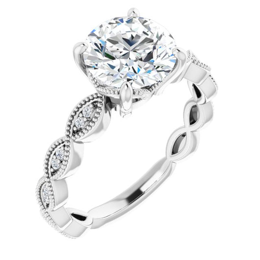 10K White Gold Customizable Round Cut Artisan Design with Scalloped, Round-Accented Band and Milgrain Detail