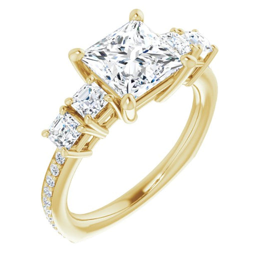 10K Yellow Gold Customizable Princess/Square Cut 5-stone Style with Quad Princess/Square Accents plus Shared Prong Band