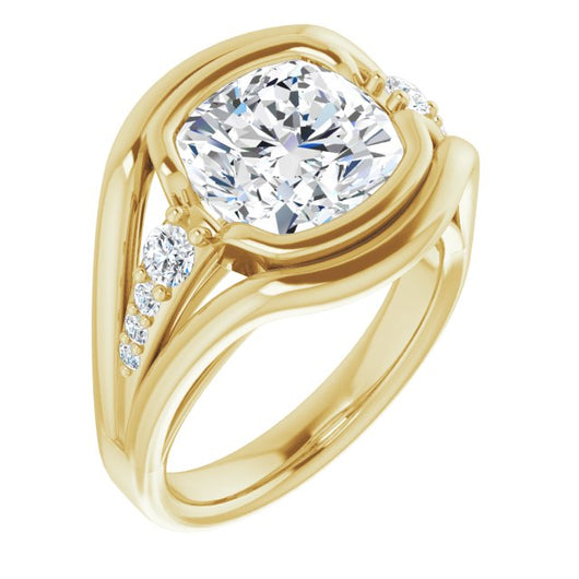 10K Yellow Gold Customizable 9-stone Cushion Cut Design with Bezel Center, Wide Band and Round Prong Side Stones