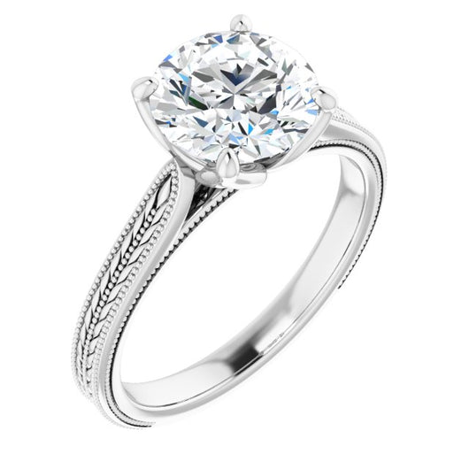 10K White Gold Customizable Round Cut Solitaire with Wheat-inspired Band 