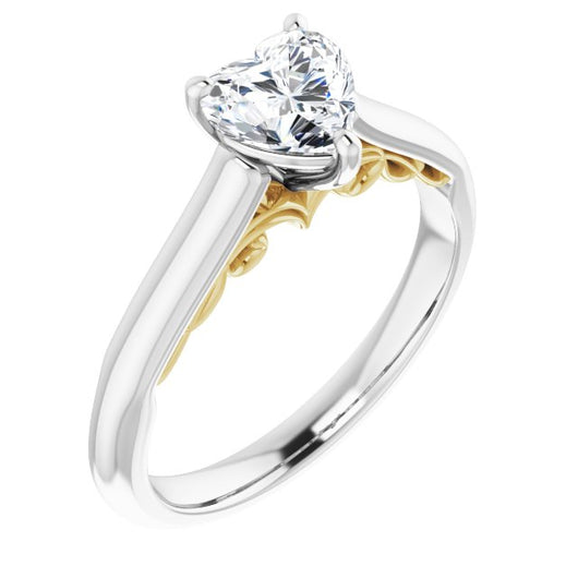 14K White & Yellow Gold Customizable Heart Cut Cathedral Solitaire with Two-Tone Option Decorative Trellis 'Down Under'