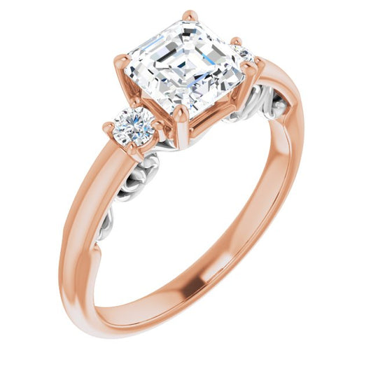 14K Rose & White Gold Customizable Asscher Cut 3-stone Style featuring Heart-Motif Band Enhancement