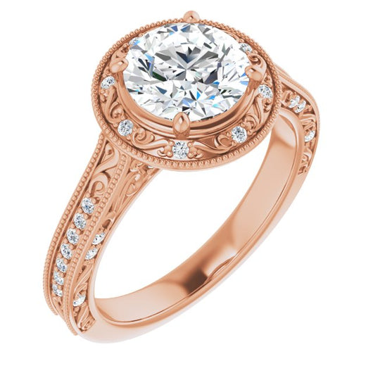 10K Rose Gold Customizable Vintage Artisan Round Cut Design with 3-Sided Filigree and Side Inlay Accent Enhancements