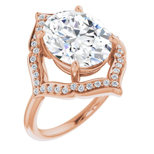 10K Rose Gold Customizable Oval Cut Style with Artistic Equilateral Halo and Ultra-thin Band