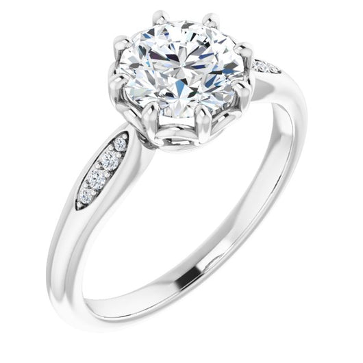 10K White Gold Customizable 9-stone Round Cut Design with 8-prong Decorative Basket & Round Cut Side Stones