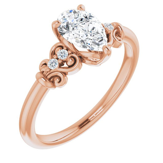 10K Rose Gold Customizable Vintage 5-stone Design with Pear Cut Center and Artistic Band Décor