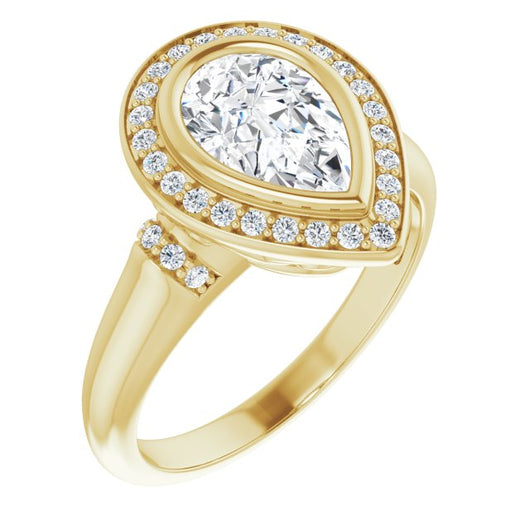 10K Yellow Gold Customizable Bezel-set Pear Cut Design with Halo and Vertical Round Channel Accents