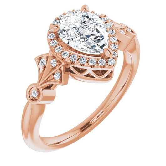 10K Rose Gold Customizable Cathedral-Crown Pear Cut Design with Halo and Scalloped Side Stones