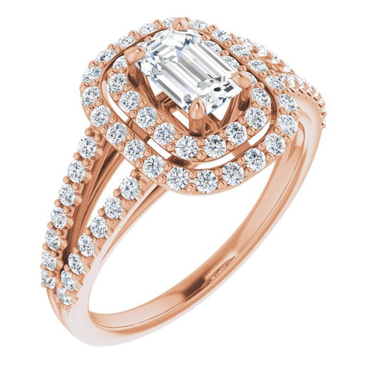 10K Rose Gold Customizable Emerald/Radiant Cut Design with Double Halo and Wide Split-Pavé Band