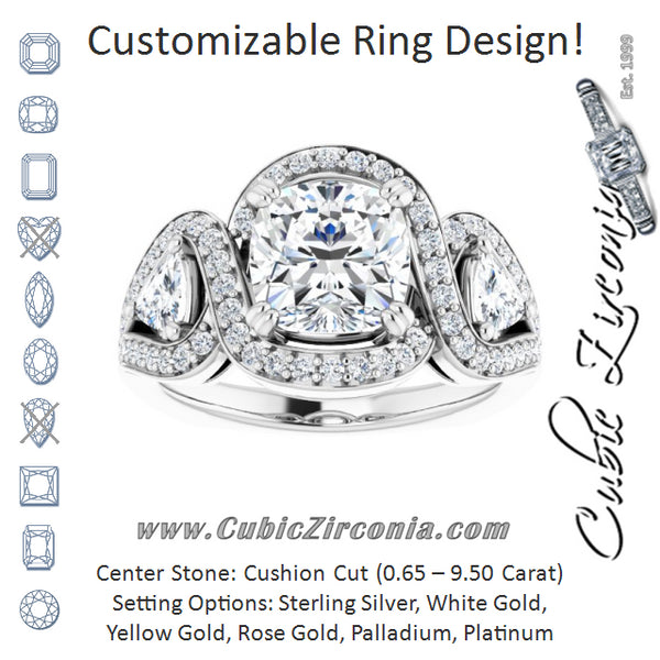 Cubic Zirconia Engagement Ring- The Ana Miranda (Customizable Cushion Cut Center with Twin Trillion Accents, Twisting Shared Prong Split Band, and Halo)