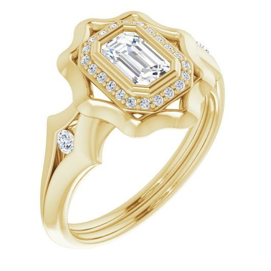 10K Yellow Gold Customizable Bezel-set Emerald/Radiant Cut with Halo & Oversized Floral Design