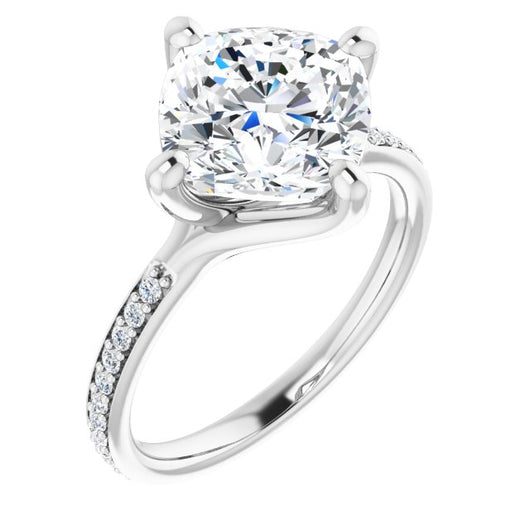 10K White Gold Customizable Cushion Cut Design featuring Thin Band and Shared-Prong Round Accents