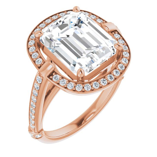 10K Rose Gold Customizable High-Cathedral Emerald/Radiant Cut Design with Halo and Shared Prong Band