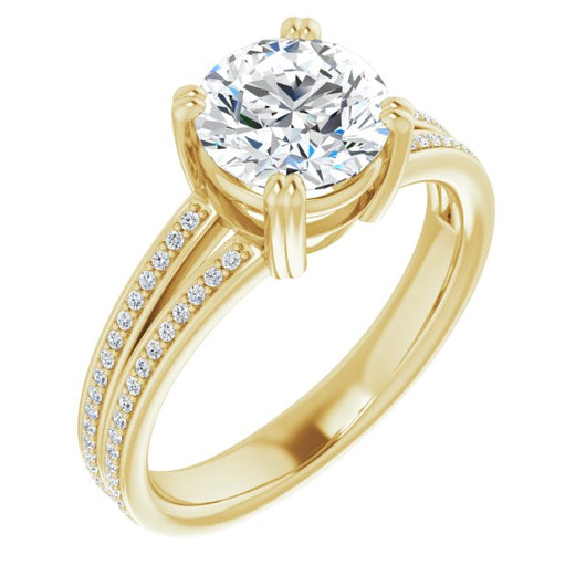 10K Yellow Gold Customizable Round Cut Center with 100-stone* "Waterfall" Pavé Split Band