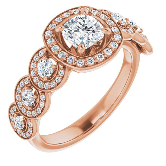 10K Rose Gold Customizable Cathedral-set Cushion Cut 7-stone style Enhanced with 7 Halos