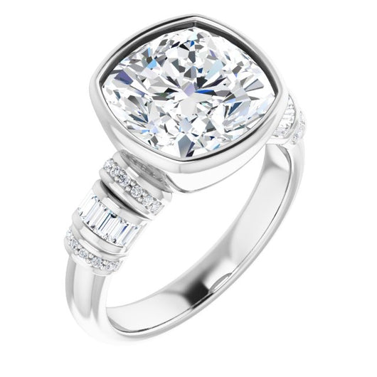 10K White Gold Customizable Bezel-set Cushion Cut Setting with Wide Sleeve-Accented Band