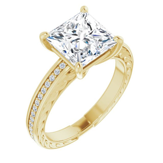 10K Yellow Gold Customizable Princess/Square Cut Design with Rope-Filigree Hammered Inlay & Round Channel Accents