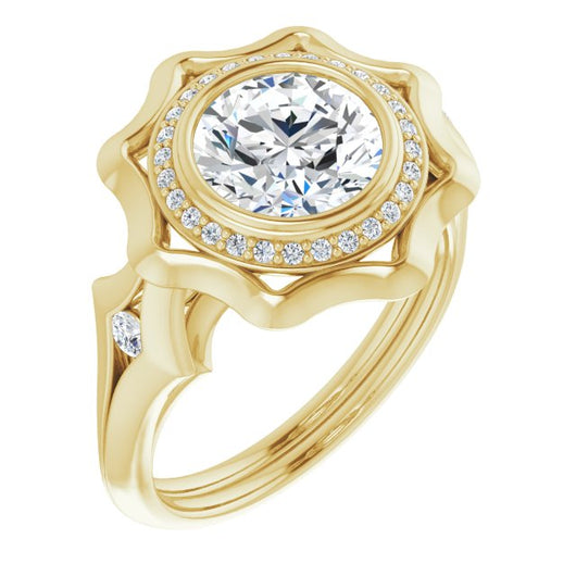 14K Yellow Gold Customizable Bezel-set Round Cut with Halo & Oversized Floral Design