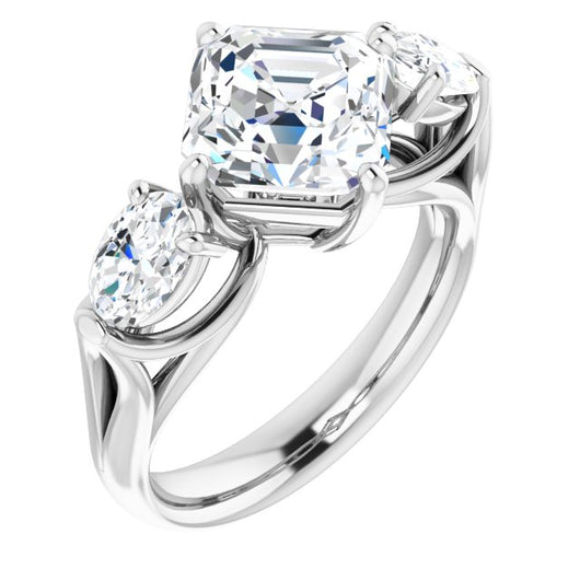 10K White Gold Customizable Cathedral-set 3-stone Asscher Cut Style with Dual Oval Cut Accents & Wide Split Band