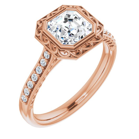 10K Rose Gold Customizable Cathedral-Bezel Asscher Cut Design featuring Accented Band with Filigree Inlay