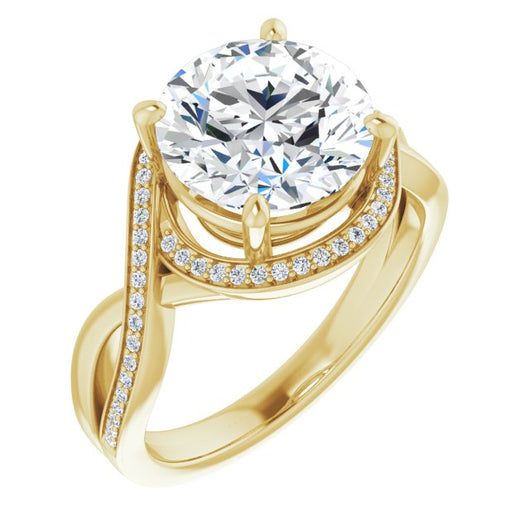 10K Yellow Gold Customizable Bypass-Halo-Accented Round Cut Center with Twisting Split Shared Prong Band