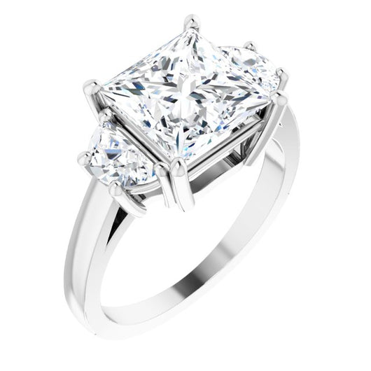 10K White Gold Customizable 3-stone Design with Princess/Square Cut Center and Half-moon Side Stones