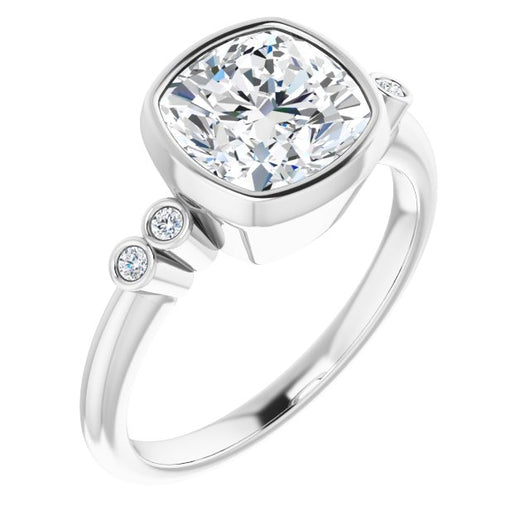 10K White Gold Customizable 5-stone Bezel-set Cushion Cut Design with Quad Round-Bezel Side Stones