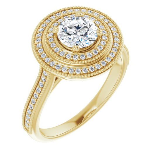 10K Yellow Gold Customizable Round Cut Design with Elegant Double Halo, Houndstooth Milgrain and Band-Channel Accents