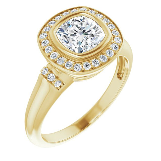 10K Yellow Gold Customizable Bezel-set Cushion Cut Design with Halo and Vertical Round Channel Accents