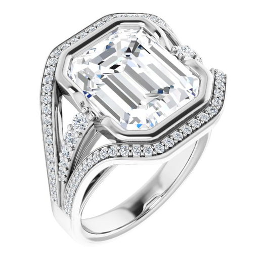 10K White Gold Customizable Cathedral-Bezel Emerald/Radiant Cut Design with Wide Triple-Split-Pavé Band