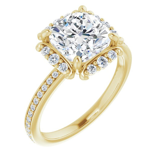 10K Yellow Gold Customizable Cushion Cut Style with Halo and Thin Shared Prong Band