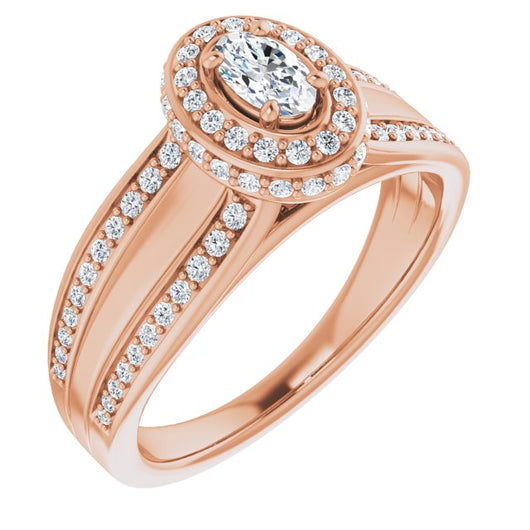 10K Rose Gold Customizable Halo-style Oval Cut with Under-halo & Ultra-wide Band