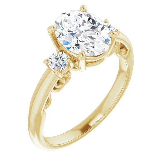 10K Yellow Gold Customizable Oval Cut 3-stone Style featuring Heart-Motif Band Enhancement