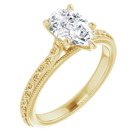 10K Yellow Gold Customizable Pear Cut Solitaire with Delicate Milgrain Filigree Band