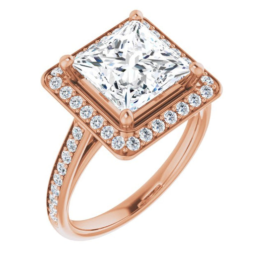 10K Rose Gold Customizable Cathedral-raised Princess/Square Cut Halo-and-Accented Band Design