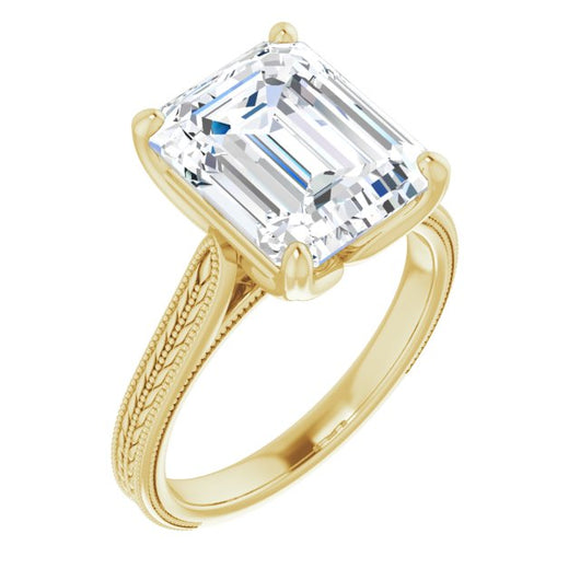 10K Yellow Gold Customizable Emerald/Radiant Cut Solitaire with Wheat-inspired Band 