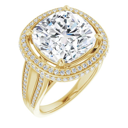 10K Yellow Gold Customizable Halo-style Cushion Cut with Under-halo & Ultra-wide Band