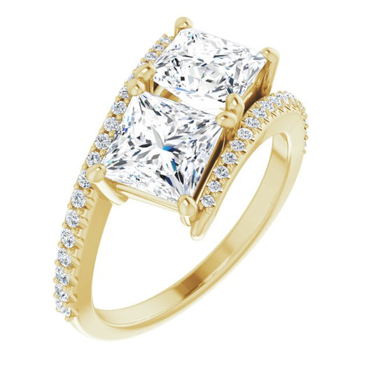 10K Yellow Gold Customizable Double Princess/Square Cut 2-stone Design with Ultra-thin Bypass Band and Pavé Enhancement