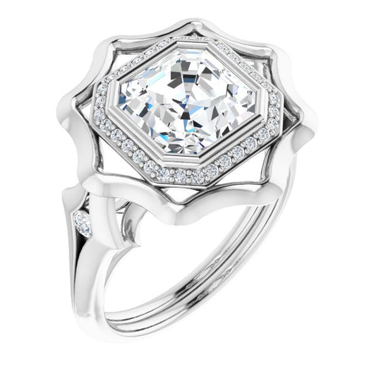 10K White Gold Customizable Bezel-set Asscher Cut with Halo & Oversized Floral Design