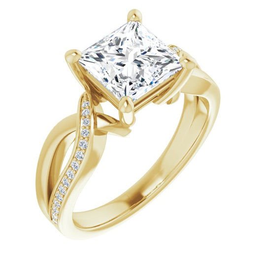 10K Yellow Gold Customizable Princess/Square Cut Center with Curving Split-Band featuring One Shared Prong Leg