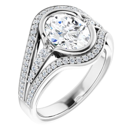 10K White Gold Customizable Cathedral-Bezel Oval Cut Design with Wide Triple-Split-Pavé Band