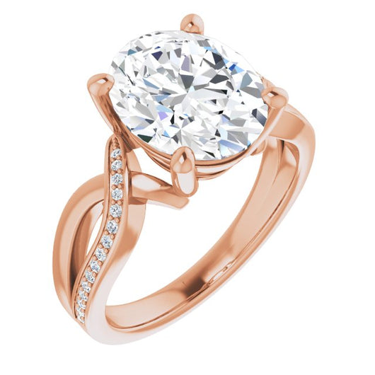 10K Rose Gold Customizable Oval Cut Center with Curving Split-Band featuring One Shared Prong Leg