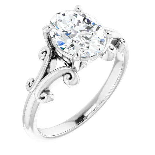 10K White Gold Customizable Oval Cut Solitaire with Band Flourish and Decorative Trellis